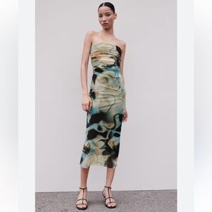 Zara Printed Fitted Mesh Strapless Dress Green Black Tie Dye Swirl Size Large